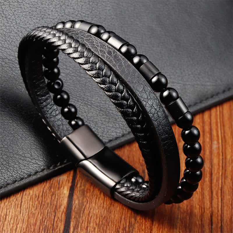 Buddha Stones Black Leather Strength Braided Double Layer Bracelet - image 2