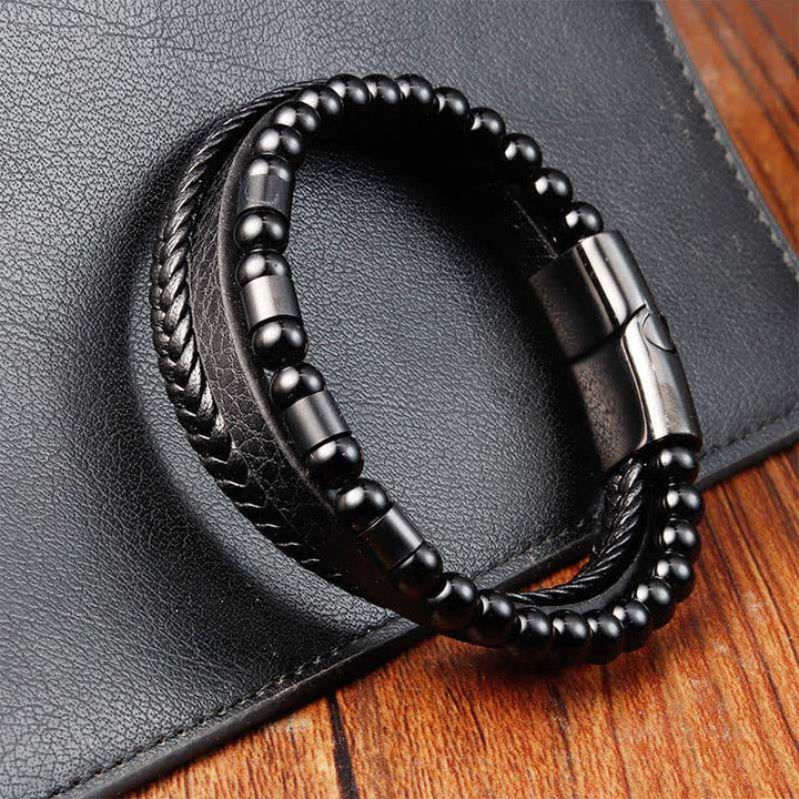 Buddha Stones Black Leather Strength Braided Double Layer Bracelet - image 3