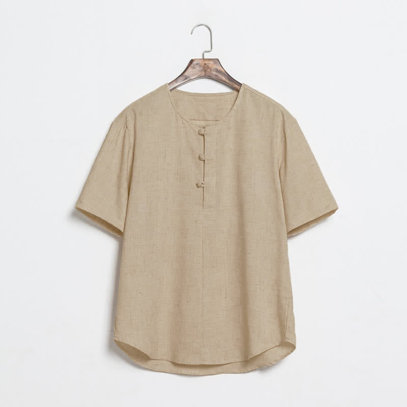 Buddha Stones Summer Casual Tang Style Frog Button Solid Men's Short Sleeve Shirts - Tan - US/UK/AU46，EU56 (5XL) - image 0