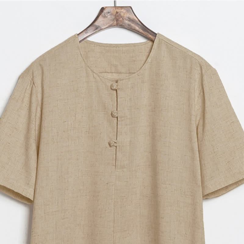 Buddha Stones Summer Casual Tang Style Frog Button Solid Men's Short Sleeve Shirts - image 2