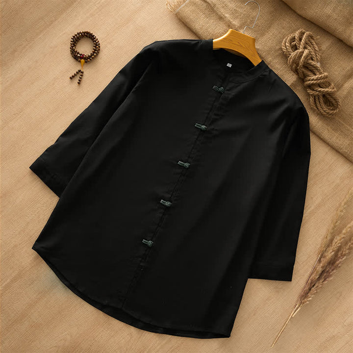 Buddha Stones Spring Summer Tang Style Casual Frog Button Solid Men's Long Sleeve Shirts - Black - US/UK/AU44, EU54 (3XL) - image 5