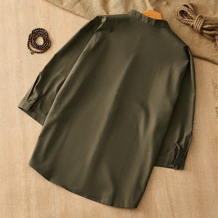 Buddha Stones Spring Summer Tang Style Casual Frog Button Solid Men's Long Sleeve Shirts - image 14