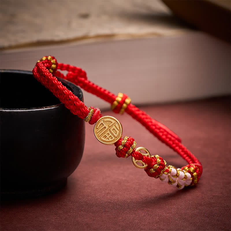 Buddha Stones Fu Character Copper Coins Red String Blessing Bracelet - Red String(Wrist Circumference: 15–18 cm) - image 0