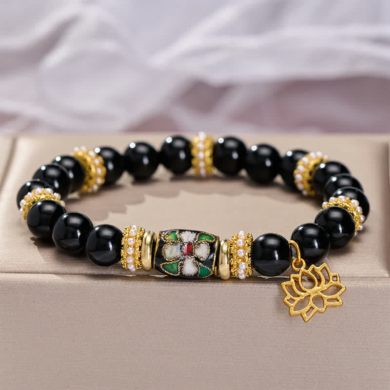 Buddha Stones Black Obsidian Cloisonné Enamel Flowers Lotus Pendant Protection Round Bead Bracelet - image 3