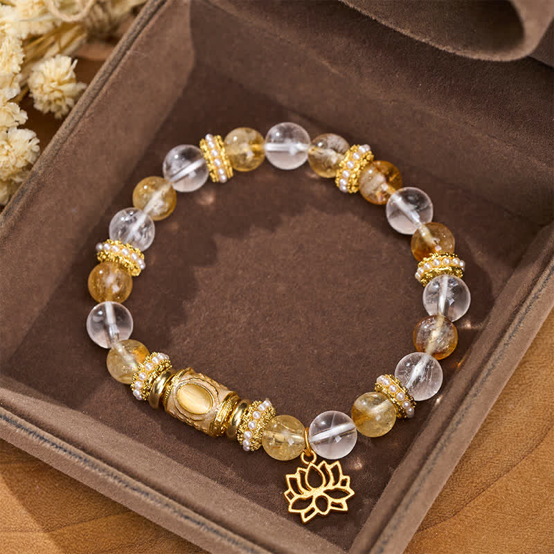 Buddha Stones Citrine Clear Quartz Enamel Barrel Bead Lotus Round Bead Bracelet - image 3