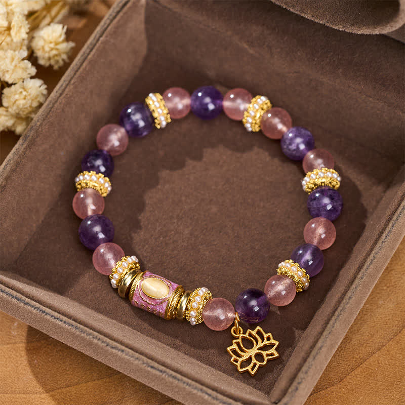 Buddha Stones Natural Amethyst Strawberry Quartz Enamel Barrel Bead Lotus Pendant Calm Hand Polished Round Bead Bracelet - image 1