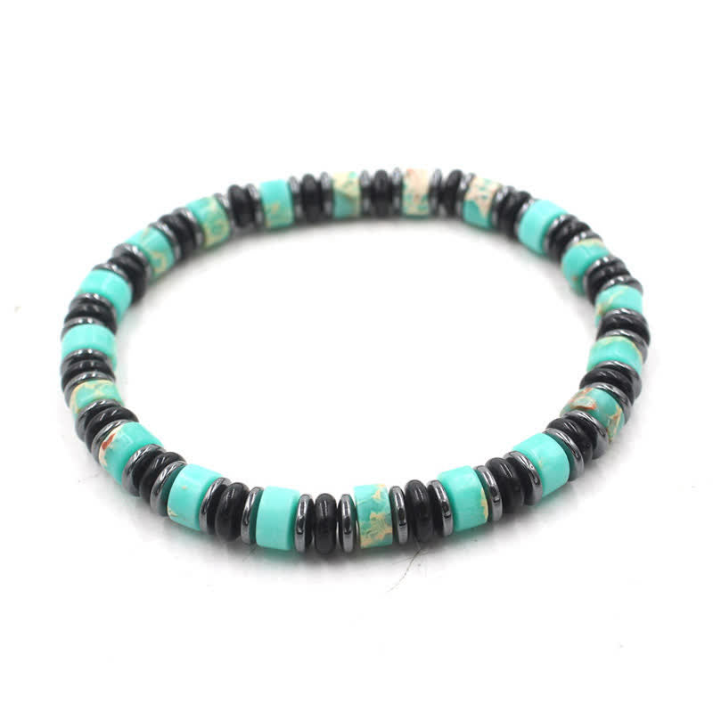 Buddha Stones Black Obsidian Hematite Hand Polished Ethnic Luck Flat Bead Bracelet - Turquoise(Protection ♥ Communication)(Wrist Circumference: 15-16cm) - image 6