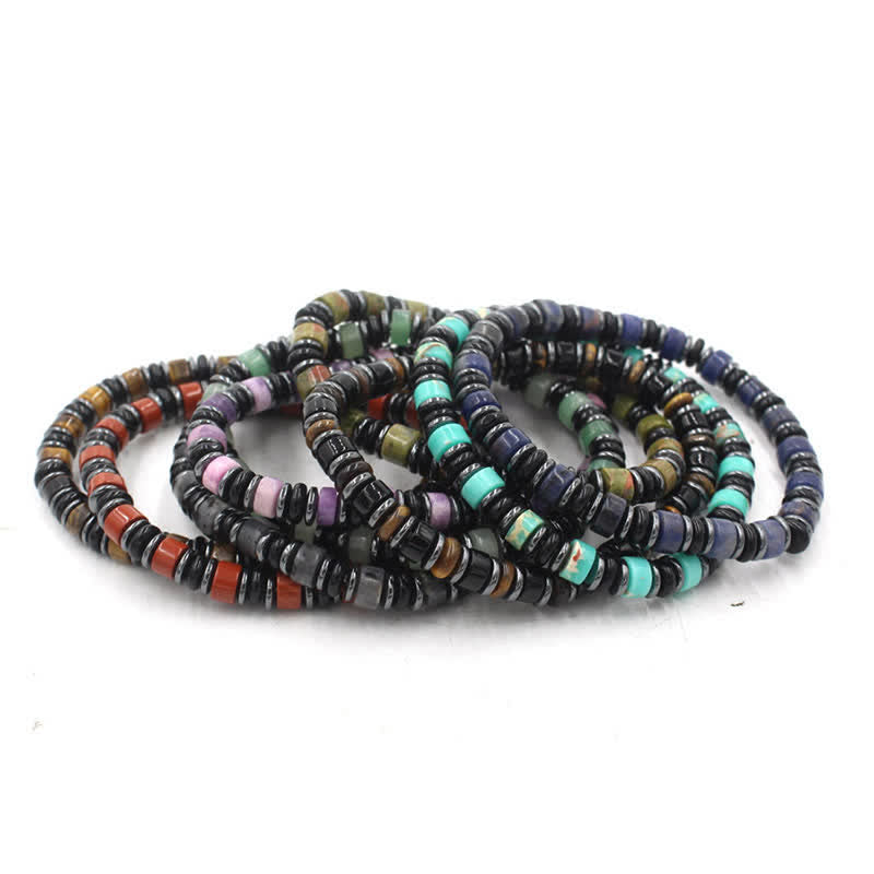 Buddha Stones Black Obsidian Hematite Hand Polished Ethnic Luck Flat Bead Bracelet - image 1