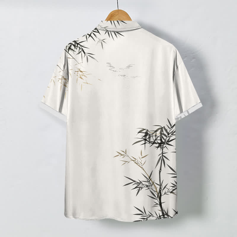 Buddha Stones Ink Bamboo Leaf Pattern Buttons Wrinkle-resistant Men's Short Sleeve Shirt - image 1