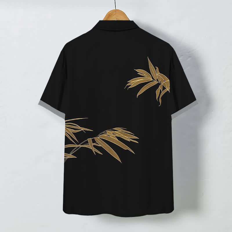 Buddha Stones Golden Bamboo Leaf Pattern Buttons Breathable Men's Short Sleeve Shirt - image 1