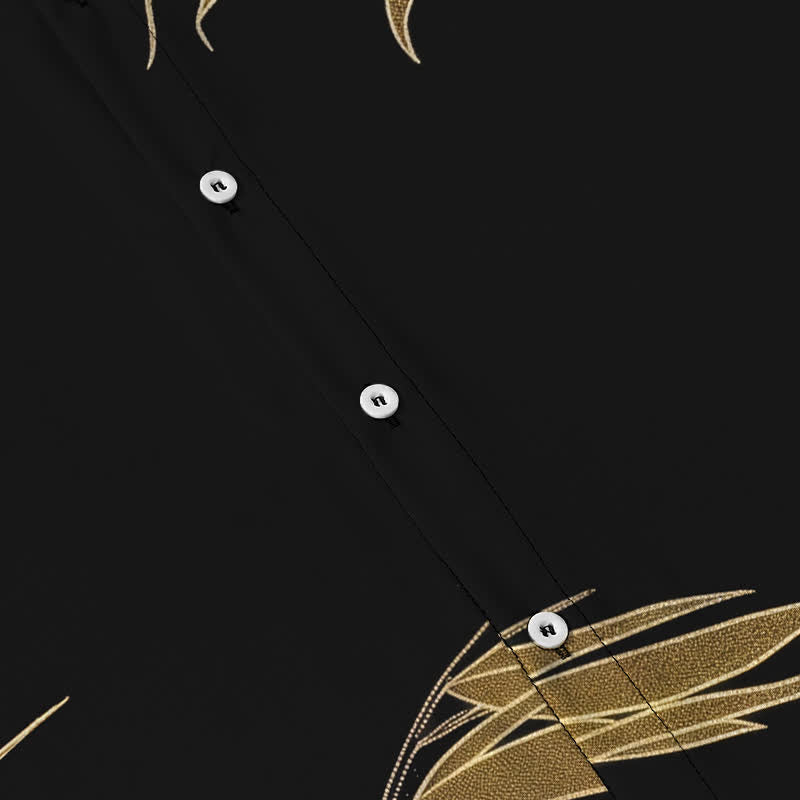 Buddha Stones Golden Bamboo Leaf Pattern Buttons Breathable Men's Short Sleeve Shirt - image 3