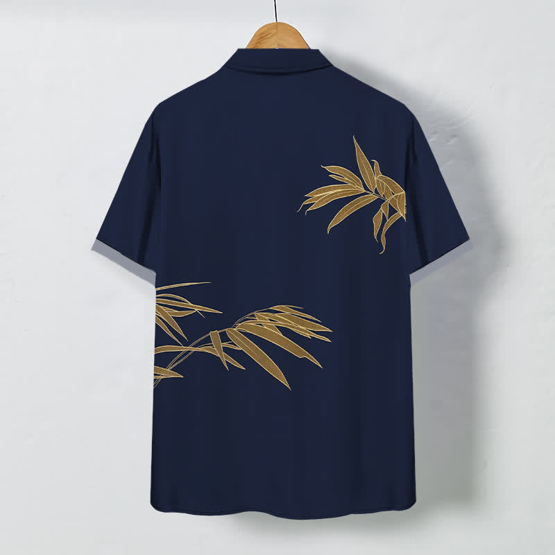 Buddha Stones Golden Bamboo Leaf Pattern Buttons Breathable Men's Short Sleeve Shirt - image 8