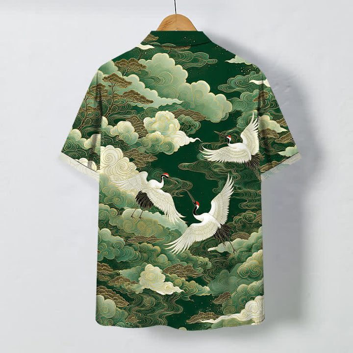 Buddha Stones Oriental Crane Cloud Wave Pattern Buttons Breathable Men's Short Sleeve Shirt - image 8