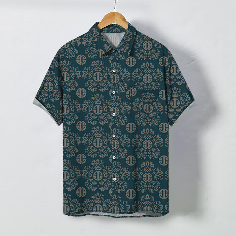 Buddha Stones Vintage Medallion Geometric Pattern Buttons Breathable Men's Short Sleeve Shirt - 	DarkCyan - US/UK/AU48，EU58 (4XL) - image 5