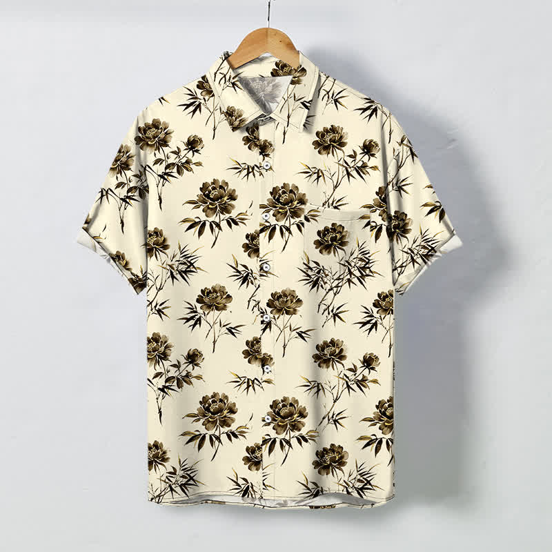 Buddha Stones Tropical Floral Leaf Pattern Buttons Breathable Men's Short Sleeve Shirt - Beige - US/UK/AU48，EU58 (4XL) - image 5