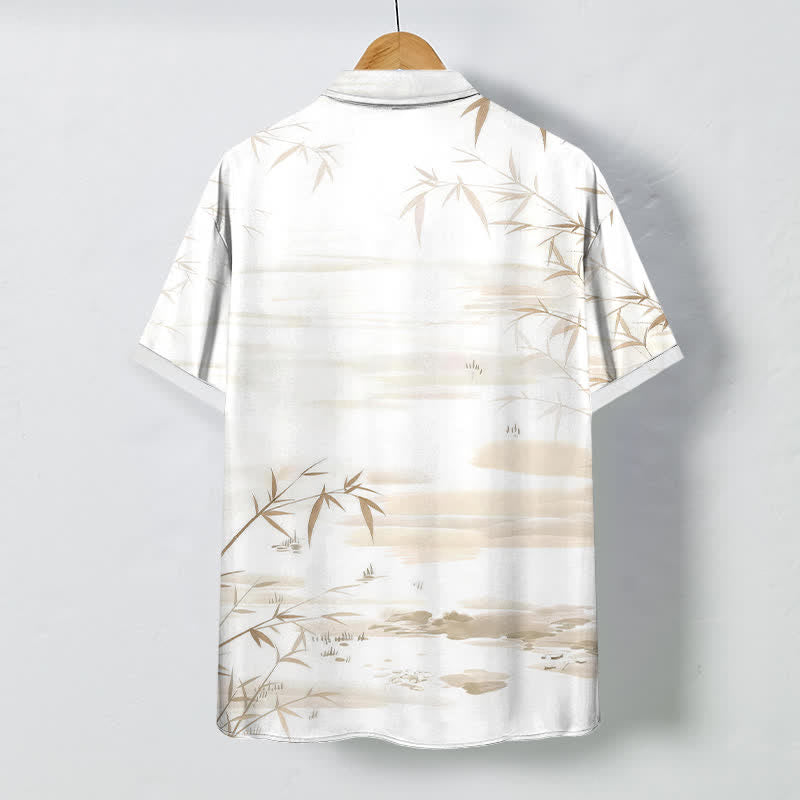 Buddha Stones Bamboo Leaf Ink Landscape Pattern Buttons Wrinkle-resistant Men's Short Sleeve Shirt - image 1