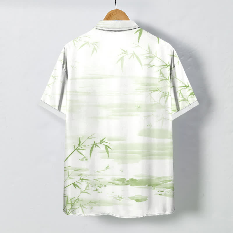 Buddha Stones Bamboo Leaf Ink Landscape Pattern Buttons Wrinkle-resistant Men's Short Sleeve Shirt - image 4