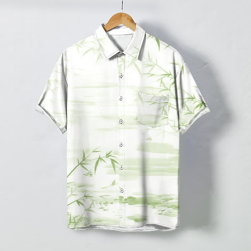 Buddha Stones Bamboo Leaf Ink Landscape Pattern Buttons Wrinkle-resistant Men's Short Sleeve Shirt - PaleGreen - US/UK/AU48，EU58 (4XL) - image 3