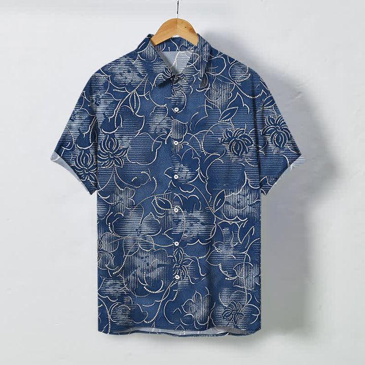 Buddha Stones Indigo Floral Vine Pattern Buttons Wrinkle-resistant Men's Short Sleeve Shirt - Navy - US/UK/AU48，EU58 (4XL) - image 0