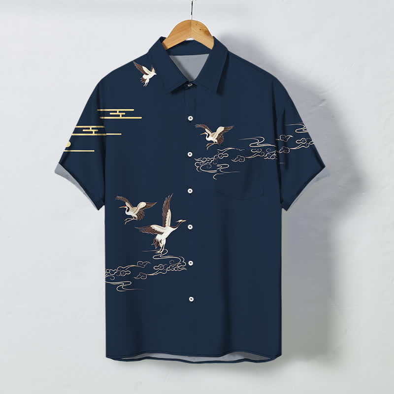 Buddha Stones Crane Cloud Pattern Buttons Wrinkle-resistant Men's Short Sleeve Shirt - Navy - US/UK/AU48，EU58 (4XL) - image 5