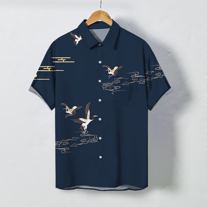 Buddha Stones Crane Cloud Pattern Buttons Wrinkle-resistant Men's Short Sleeve Shirt - Navy - US/UK/AU48，EU58 (4XL) - image 5