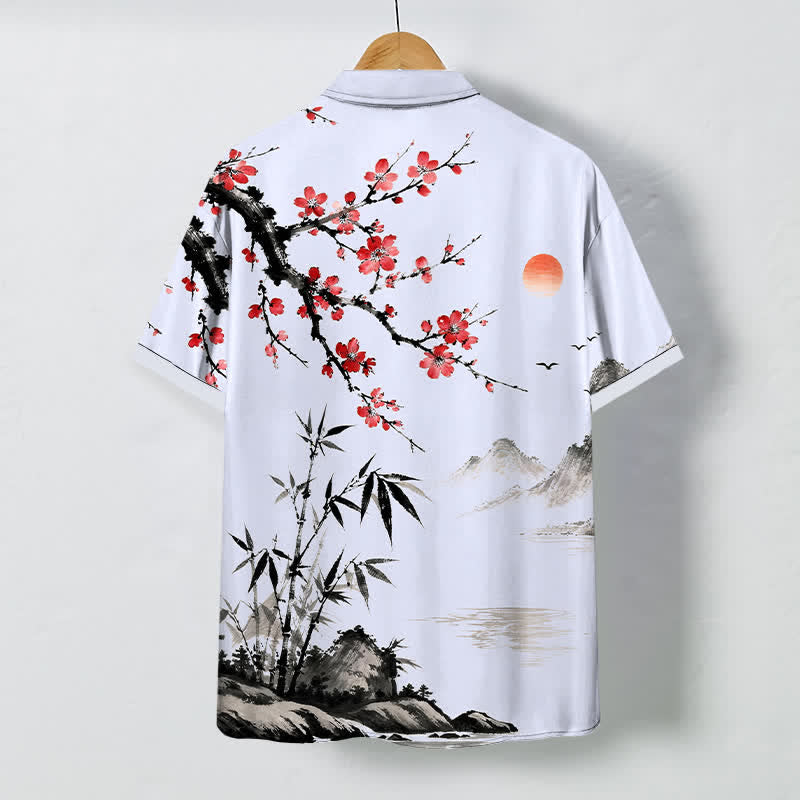 Buddha Stones Ink Landscape Bamboo Blossom Sunset Pattern Buttons Breathable Men's Short Sleeve Shirt - image 6