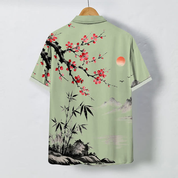 Buddha Stones Ink Landscape Bamboo Blossom Sunset Pattern Buttons Breathable Men's Short Sleeve Shirt - image 8