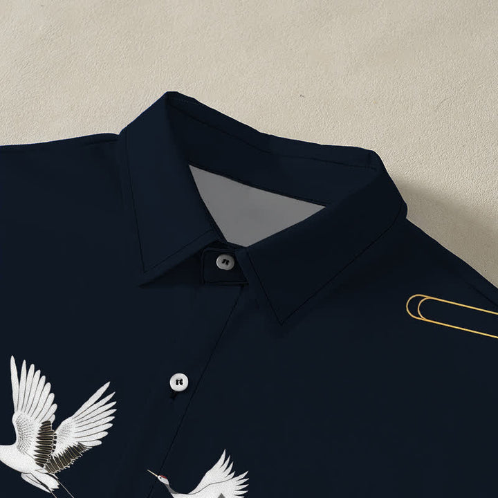 Buddha Stones Crane Gold Wave Pattern Buttons Breathable Men's Short Sleeve Shirt - image 2