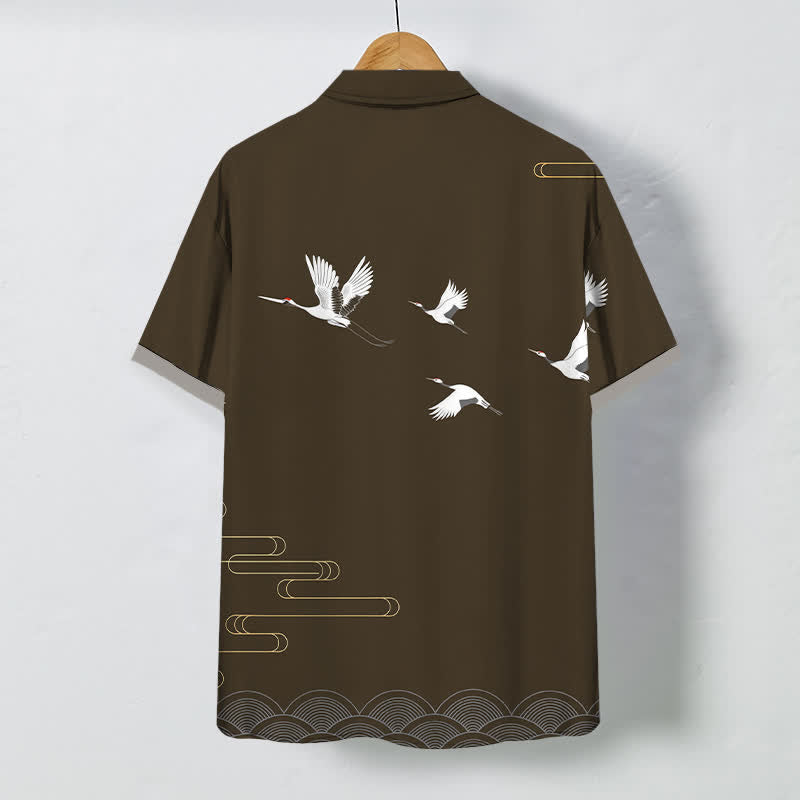 Buddha Stones Crane Gold Wave Pattern Buttons Breathable Men's Short Sleeve Shirt - image 6