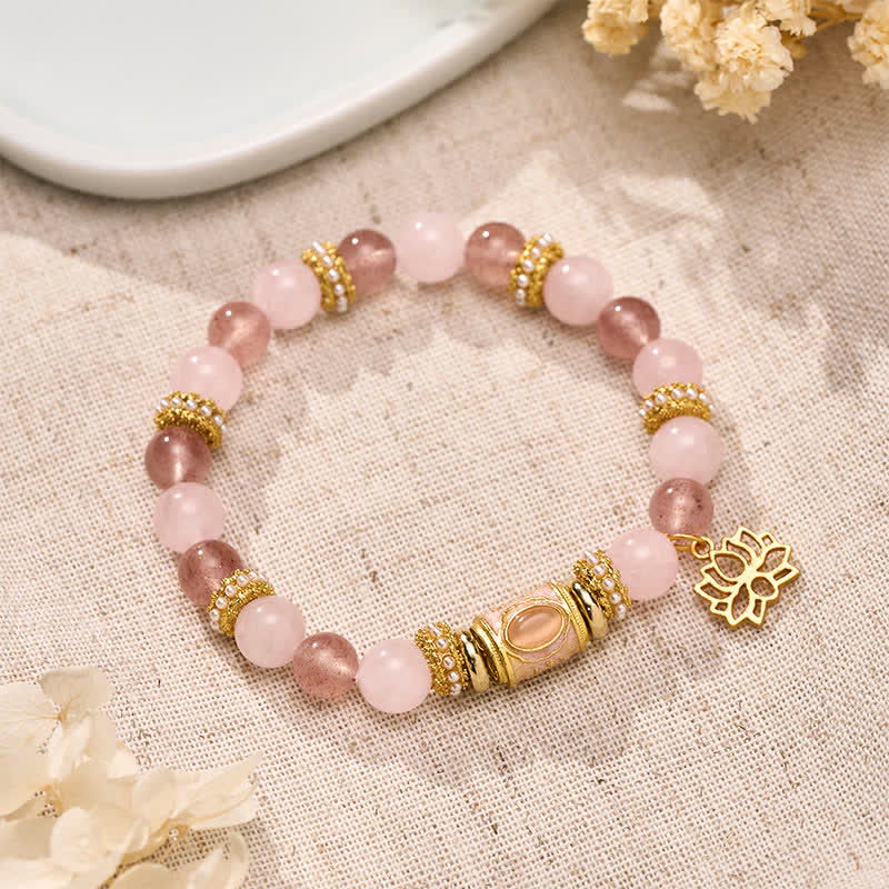 Buddha Stones Natural Strawberry Quartz Rose Quartz Enamel Barrel Bead Clarity Round Bead Bracelet - Strawberry Quartz Rose Quartz (Wrist Circumference: 15–16 cm) - image 0