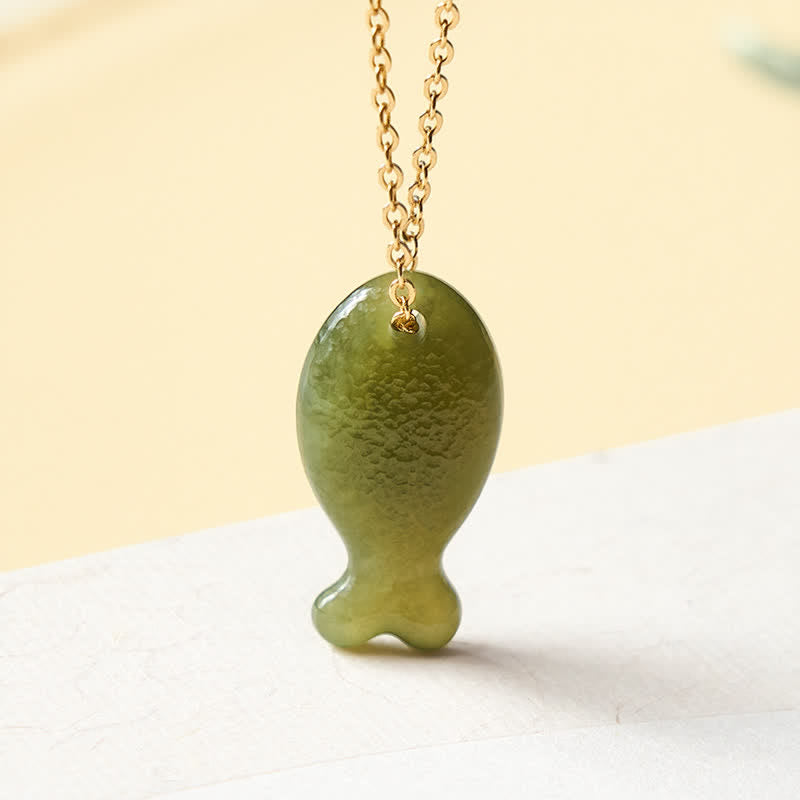 Buddha Stones Jade Little Fish Luck Hand Carved Pendant Necklace - Natural Jade(Color May Vary) - 925 Sterling Silver(Blessing♥Calm) - image 0