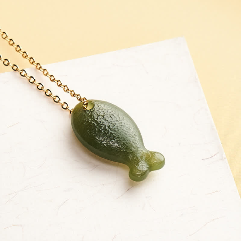 Buddha Stones Jade Little Fish Luck Hand Carved Pendant Necklace - Natural Jade(Color May Vary) - 925 Sterling Silver(Blessing♥Calm) - Deep Green - image 1