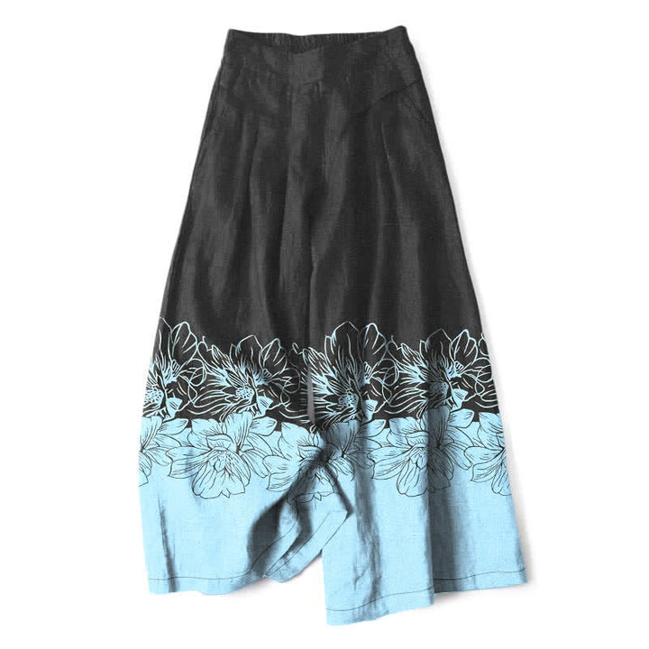 Buddha Stones Cotton Linen Vintage Floral Pattern Women's Elastic Waist Wide Leg Pants With Pockets - Black - US16，UK/AU20，EU48 (3XL) - image 0
