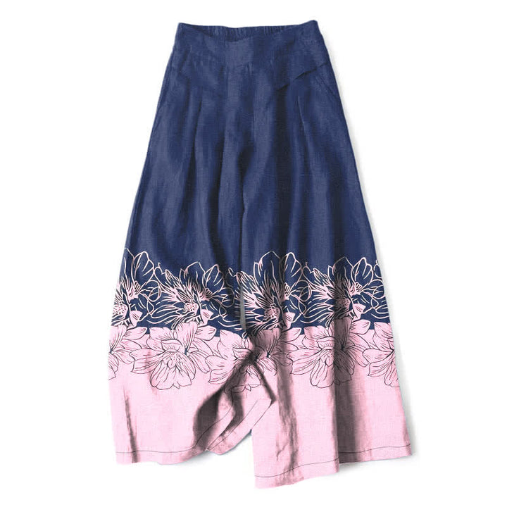 Buddha Stones Cotton Linen Vintage Floral Pattern Women's Elastic Waist Wide Leg Pants With Pockets - Navy - US16，UK/AU20，EU48 (3XL) - image 6
