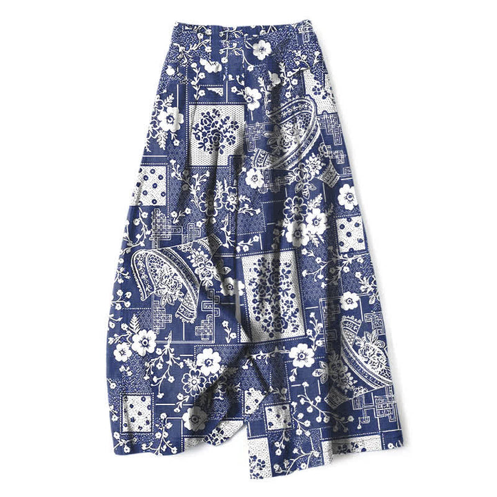 Buddha Stones Cotton Linen Vintage Floral Geometric Patchwork Pattern Women's Elastic Waist Wide Leg Pants With Pockets - Navy - US16，UK/AU20，EU48 (3XL) - image 0
