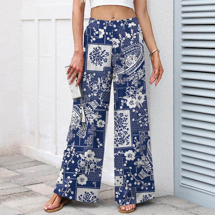 Buddha Stones Cotton Linen Vintage Floral Geometric Patchwork Pattern Women's Elastic Waist Wide Leg Pants With Pockets - image 1