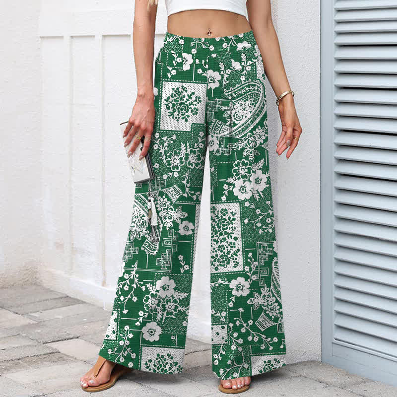 Buddha Stones Cotton Linen Vintage Floral Geometric Patchwork Pattern Women's Elastic Waist Wide Leg Pants With Pockets - image 5