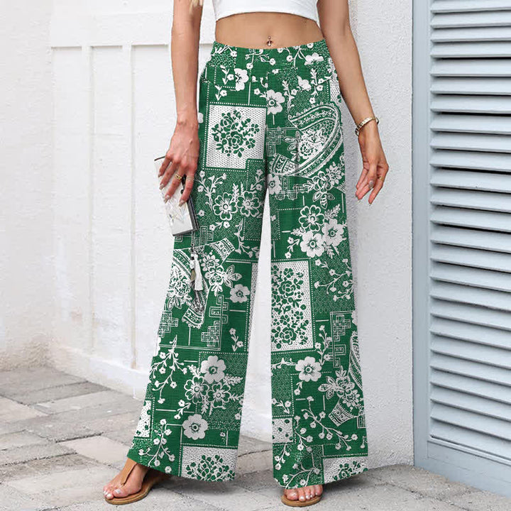 Buddha Stones Cotton Linen Vintage Floral Geometric Patchwork Pattern Women's Elastic Waist Wide Leg Pants With Pockets - image 5