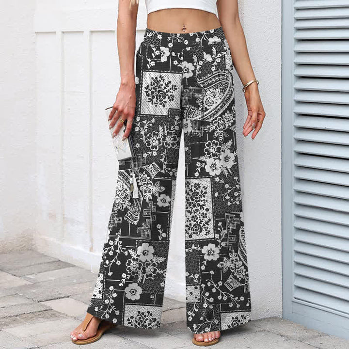 Buddha Stones Cotton Linen Vintage Floral Geometric Patchwork Pattern Women's Elastic Waist Wide Leg Pants With Pockets - image 7
