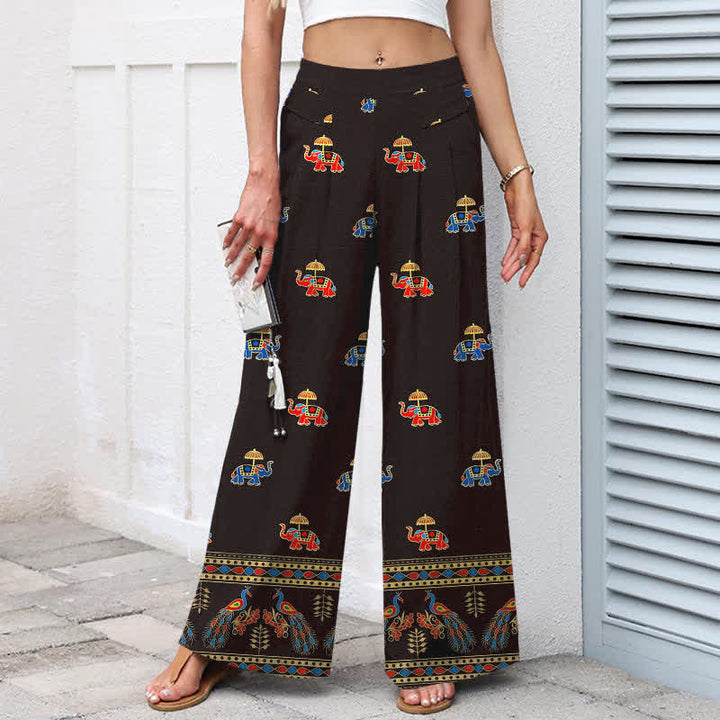 Buddha Stones Cotton Linen Bohemian Elephant Pattern Women's Elastic Waist Wide Leg Pants With Pockets - image 5