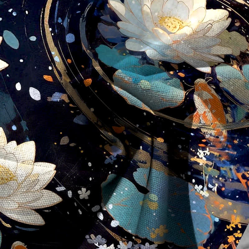 Buddha Stones Cotton Linen Lotus Koi Fish Pattern Women's Elastic Waist Wide Leg Pants With Pockets - image 3