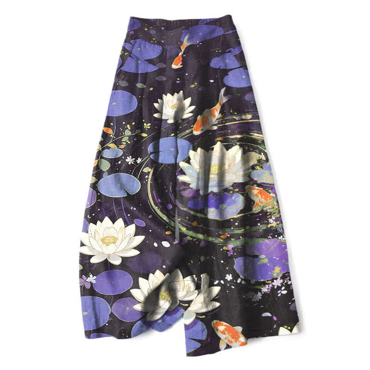 Buddha Stones Cotton Linen Lotus Koi Fish Pattern Women's Elastic Waist Wide Leg Pants With Pockets - BlueViolet - US16，UK/AU20，EU48 (3XL) - image 4