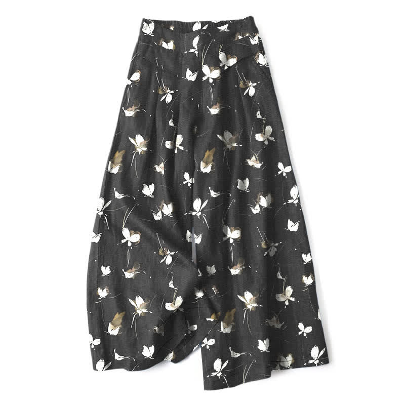 Buddha Stones Cotton Linen Vintage Floral White Butterfly Pattern Women's Elastic Waist Wide Leg Pants With Pockets - Black - US16，UK/AU20，EU48 (3XL) - image 0