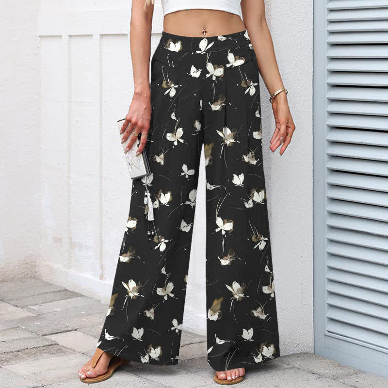 Buddha Stones Cotton Linen Vintage Floral White Butterfly Pattern Women's Elastic Waist Wide Leg Pants With Pockets - image 1