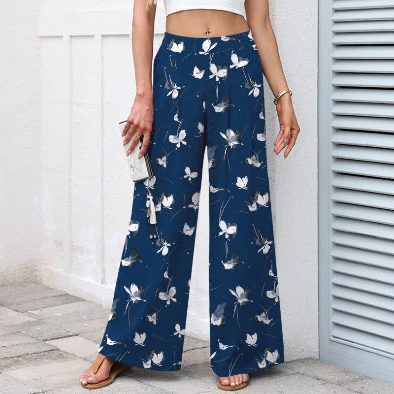 Buddha Stones Cotton Linen Vintage Floral White Butterfly Pattern Women's Elastic Waist Wide Leg Pants With Pockets - image 7