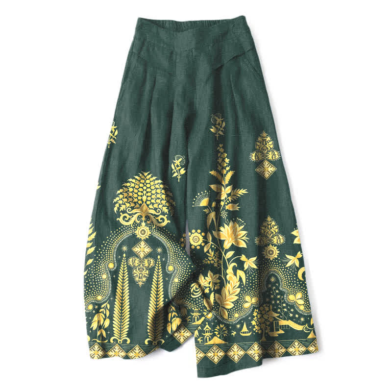 Buddha Stones Cotton Linen Bohemian Golden Floral Pattern Women's Elastic Waist Wide Leg Pants With Pockets - DarkGreen - US16，UK/AU20，EU48 (3XL) - image 0