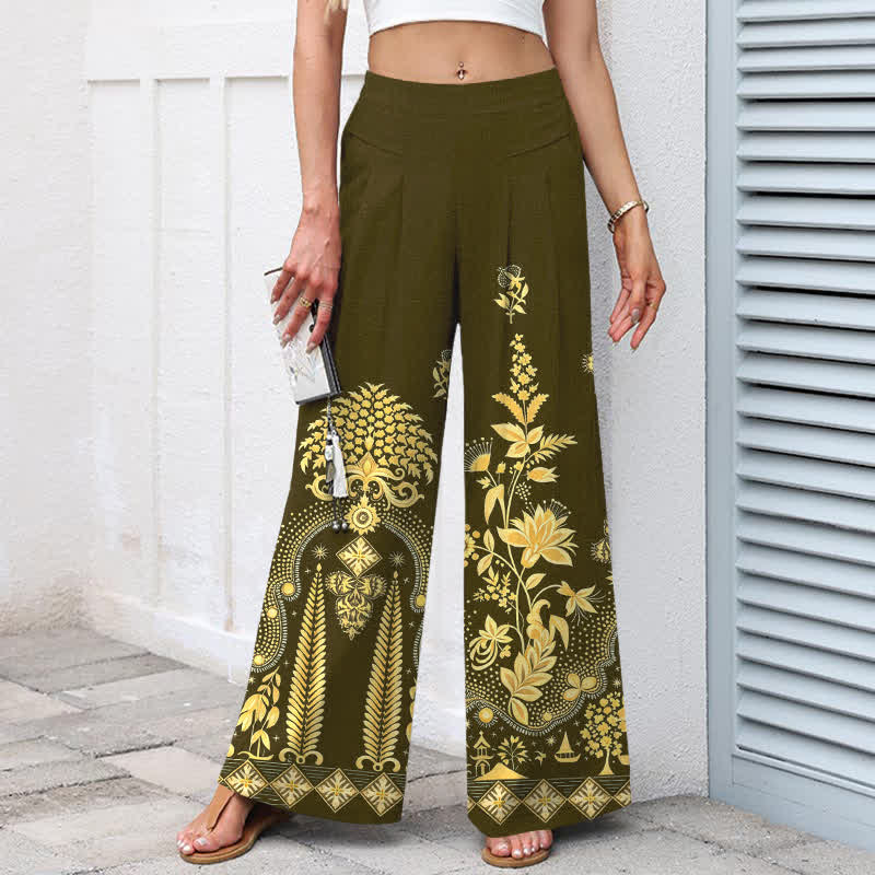 Buddha Stones Cotton Linen Bohemian Golden Floral Pattern Women's Elastic Waist Wide Leg Pants With Pockets - image 5