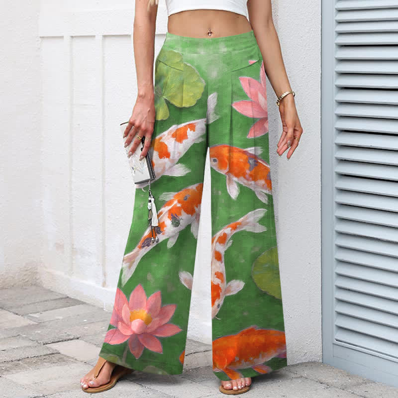 Buddha Stones Cotton Linen Red White Koi Fish Pink Lotus Pattern Women's Elastic Waist Wide Leg Pants With Pockets - image 7