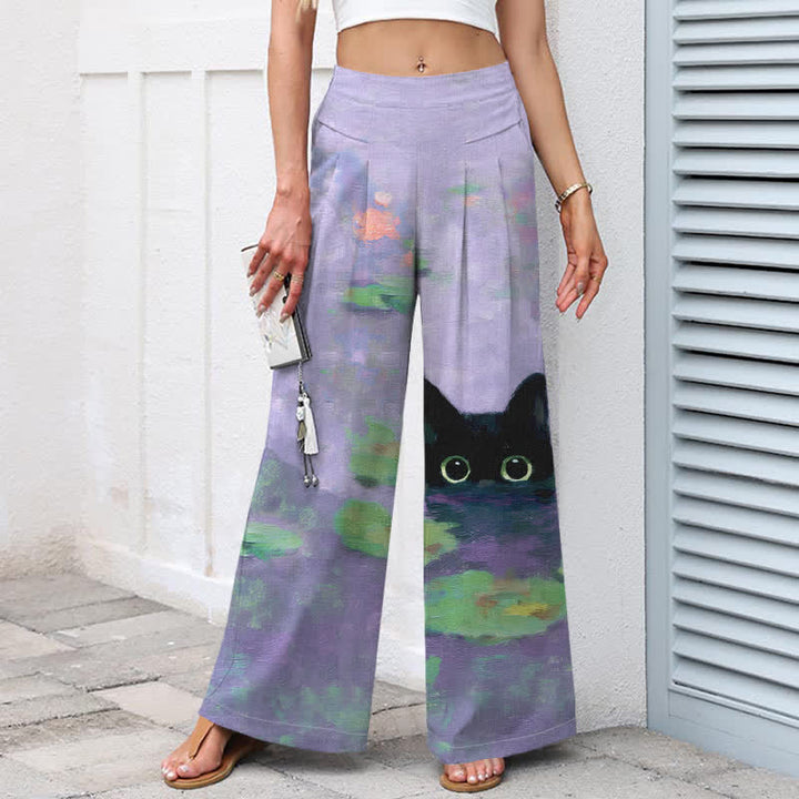 Buddha Stones Cotton Linen Playful Black Cat Lotus Pond Pattern Women's Elastic Waist Wide Leg Pants With Pockets - image 7