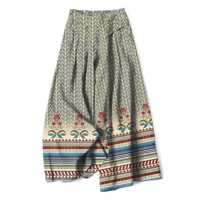 Buddha Stones Cotton Linen Bohemian Geometric Zigzag Pattern Women's Elastic Waist Wide Leg Pants With Pockets - Wheat - US16，UK/AU20，EU48 (3XL) - image 0